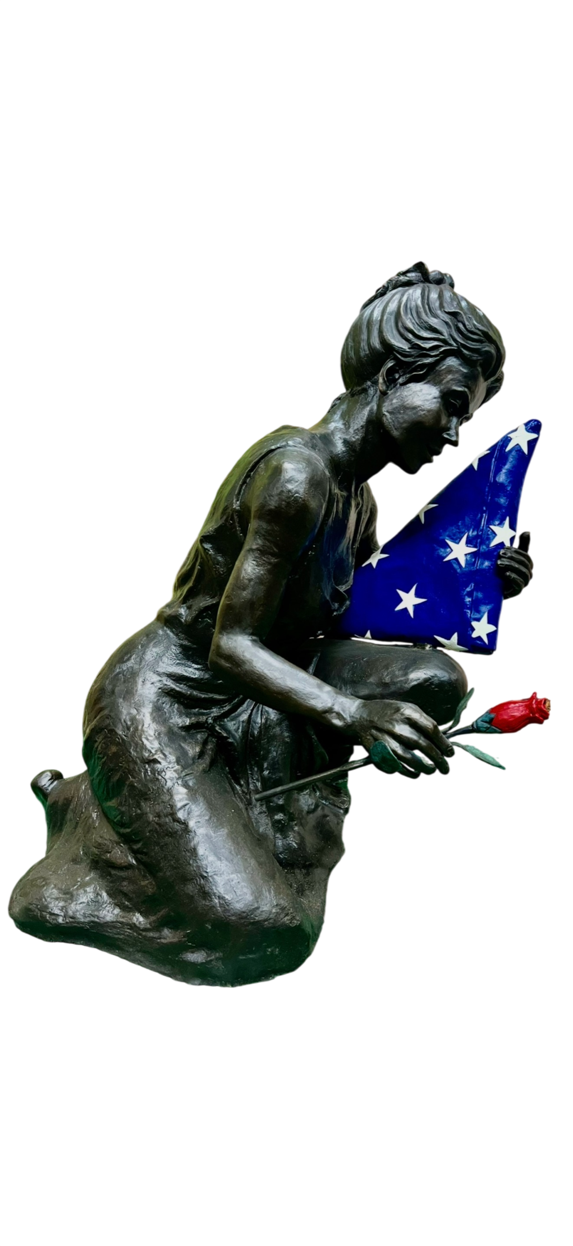 Mother Kneeling with American Flag and Rose