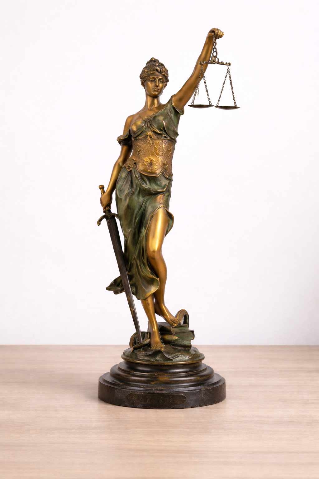 Bronze statue of a woman holding a sword and scale on a wooden base with a white background