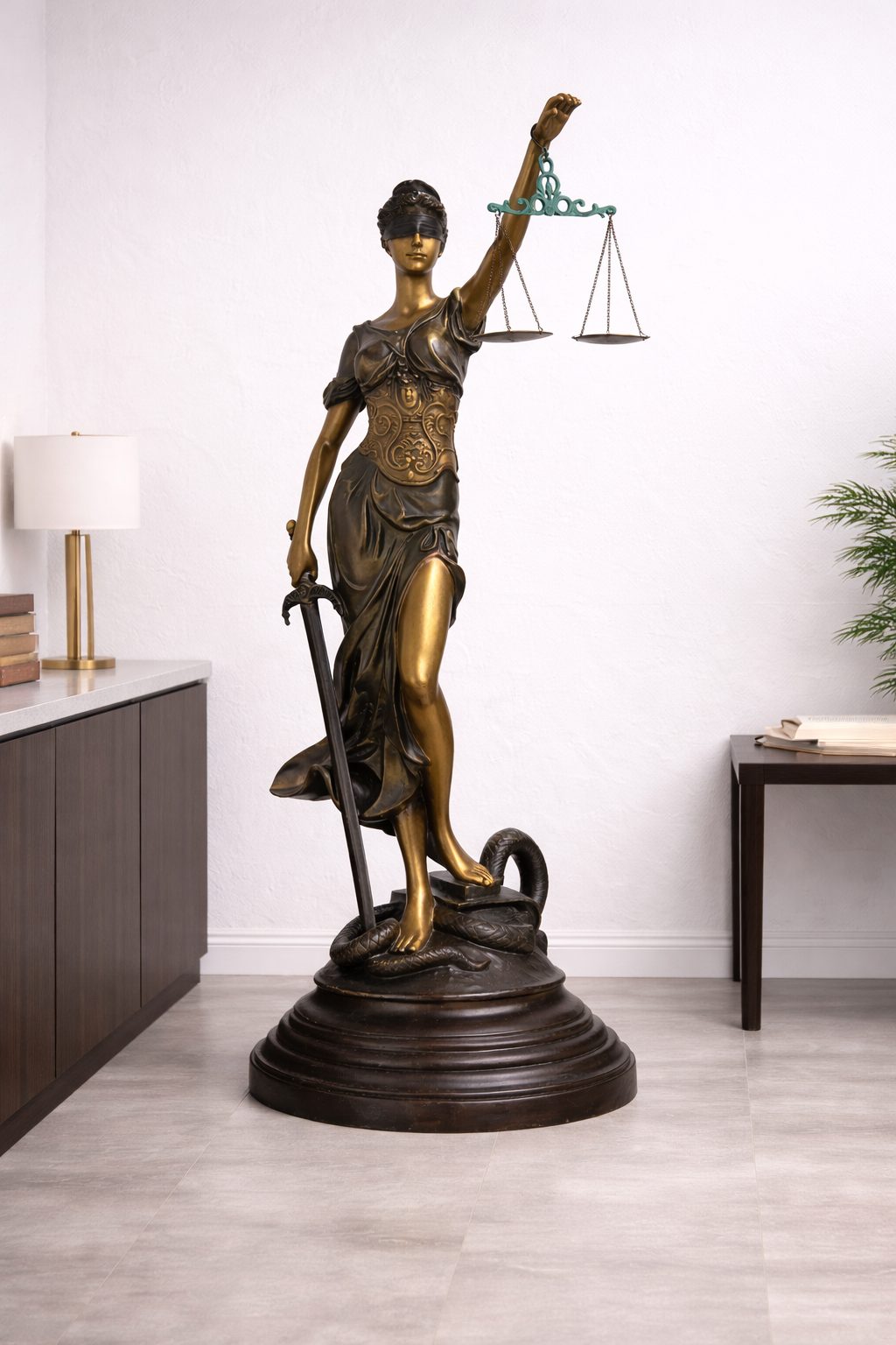 Statue of Lady Justice holding a scale in an indoor setting