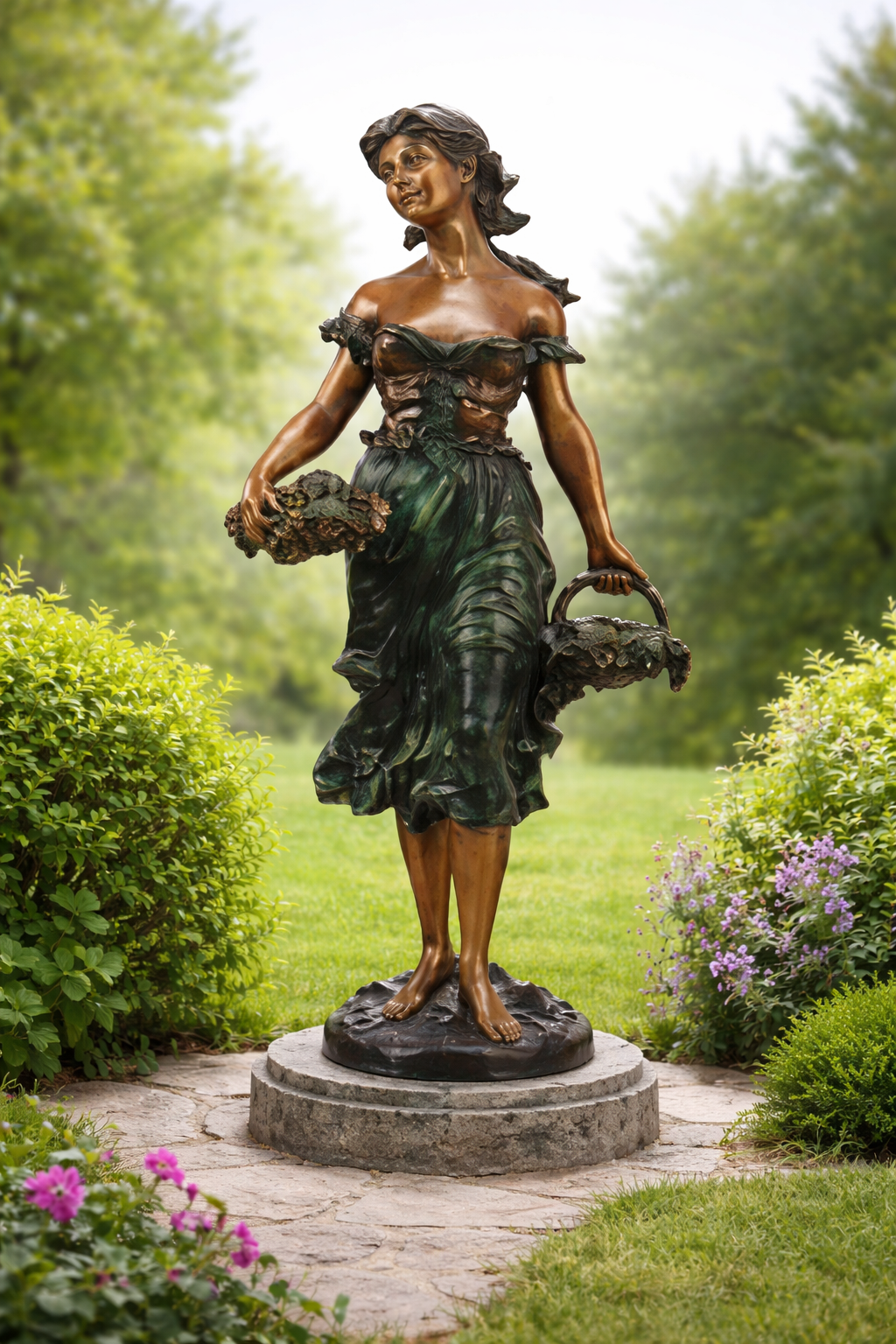 bronze grape girl in garden holding grapes and flowers
