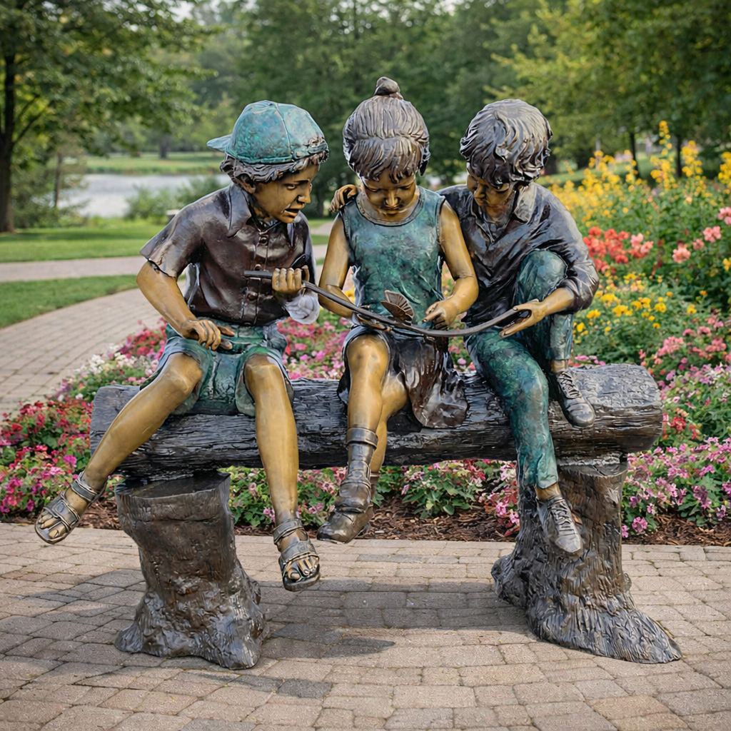 Monumental Seated Kids on a Log w/ Butterfly
