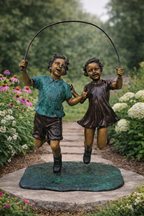 Children Jumping rope in garden bronze statue