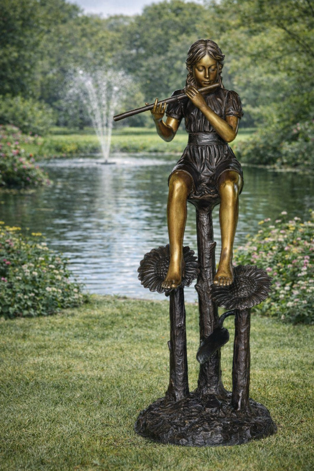 bronze girl playing flute