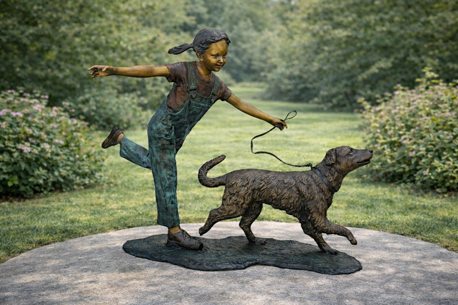 Bronze girl running with bronze dog 
