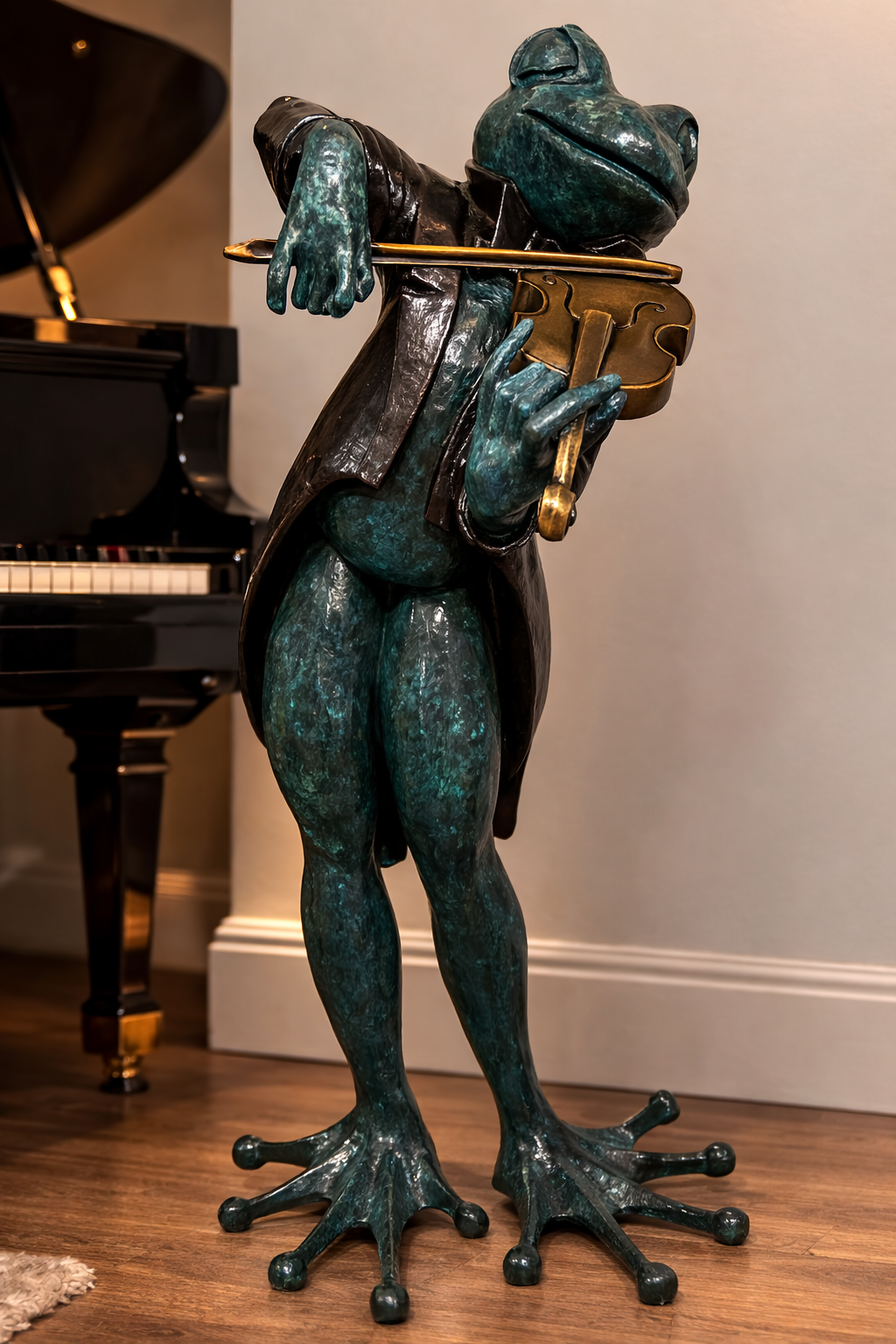 Frog playing violin bronze statue