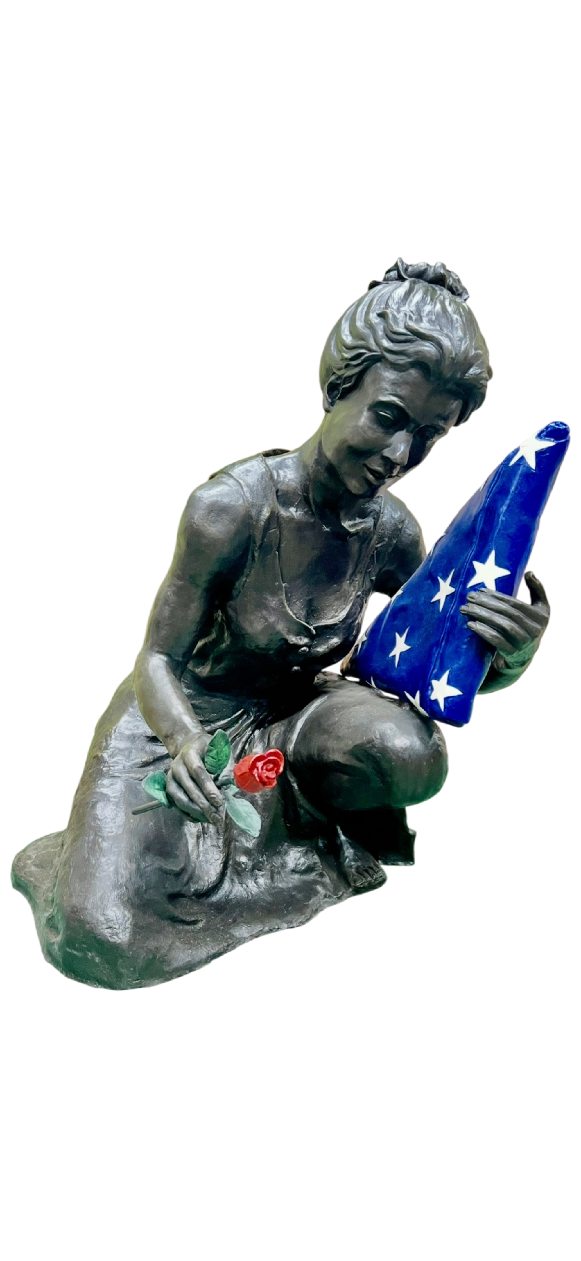 Mother Kneeling with American Flag and Rose