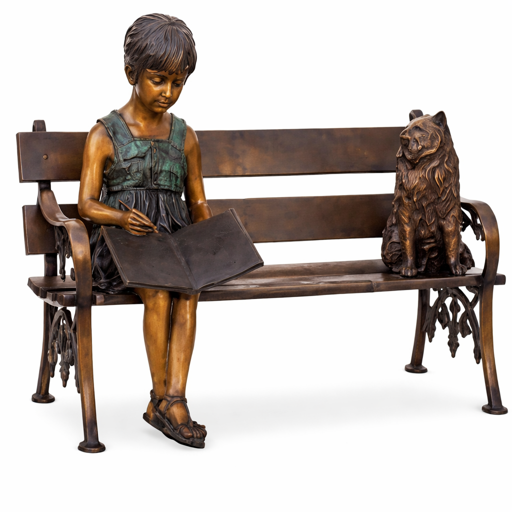 Girl and Cat on Bench