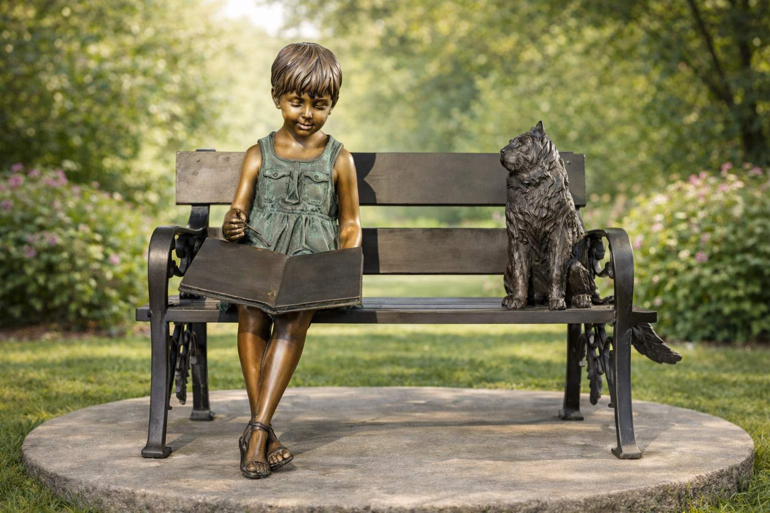 Girl and Cat on Bench