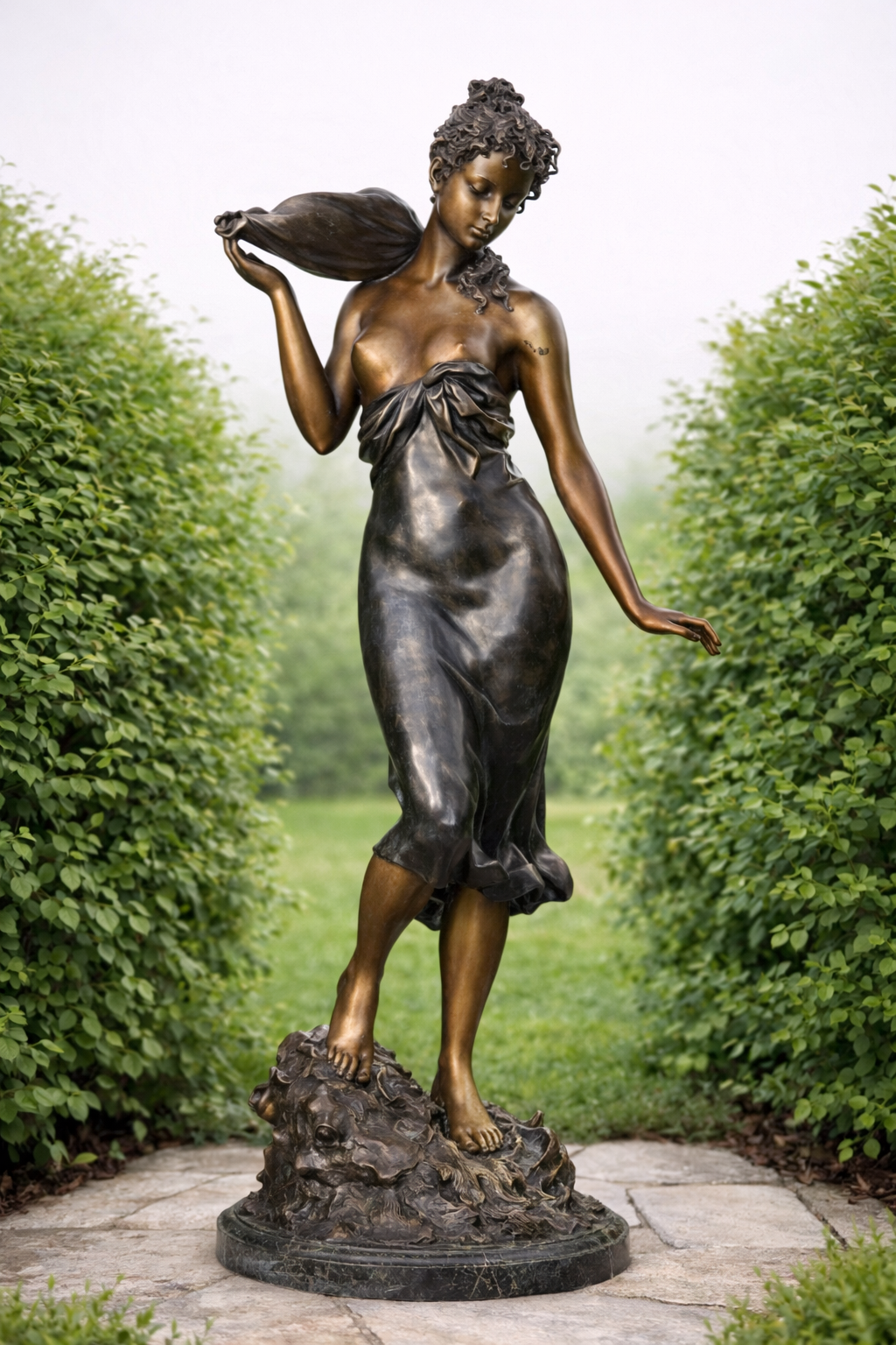 Life size bronze shell woman in garden perfect for homes